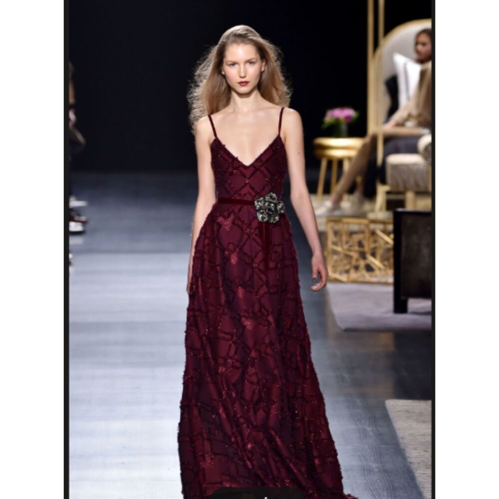 Badgley Mischka 2017 Runway Collection Burgandy Dress with Velvet Belt Pockets
